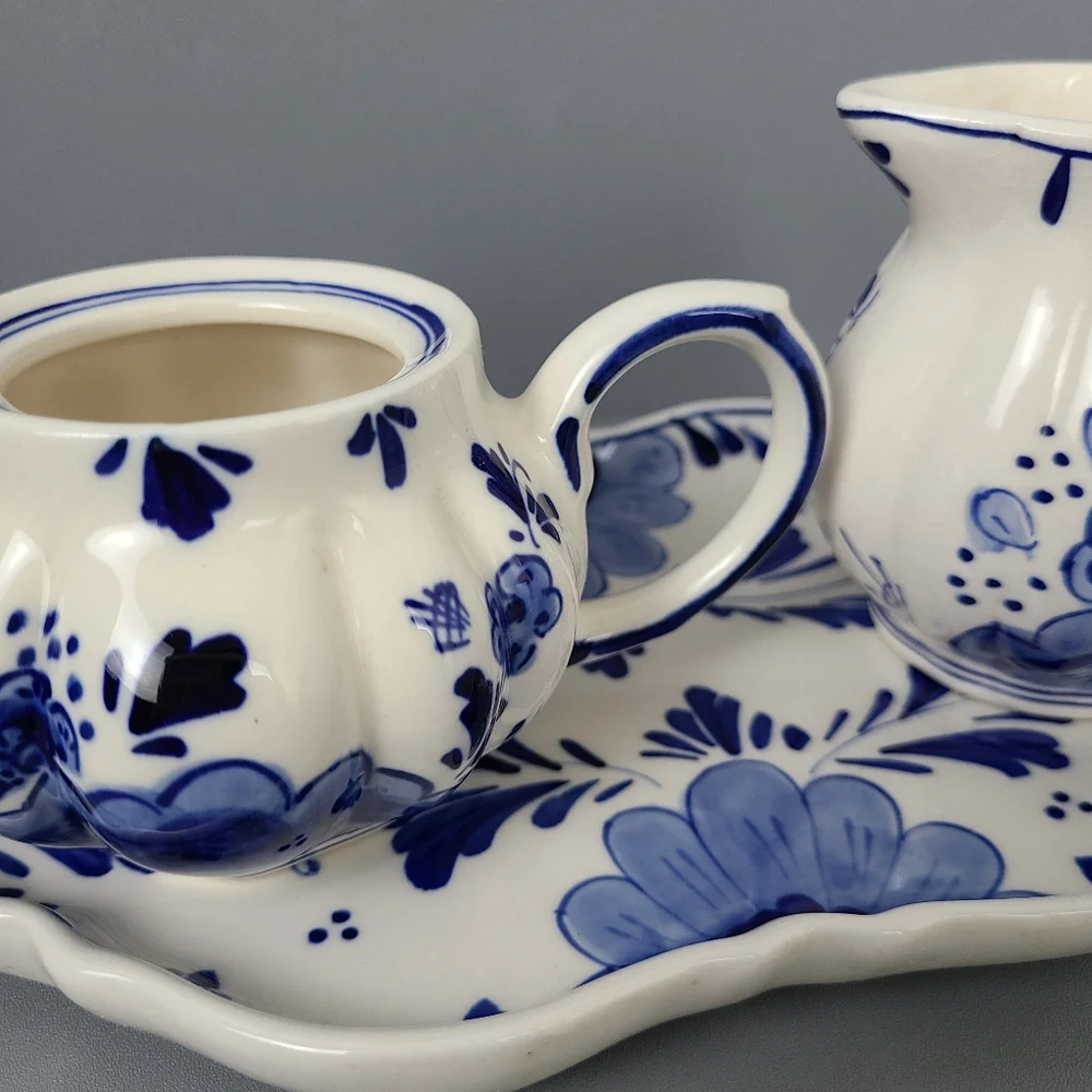 Delftsblauw Blue White Handpainted Vintage Creamer Sugar Tray Set